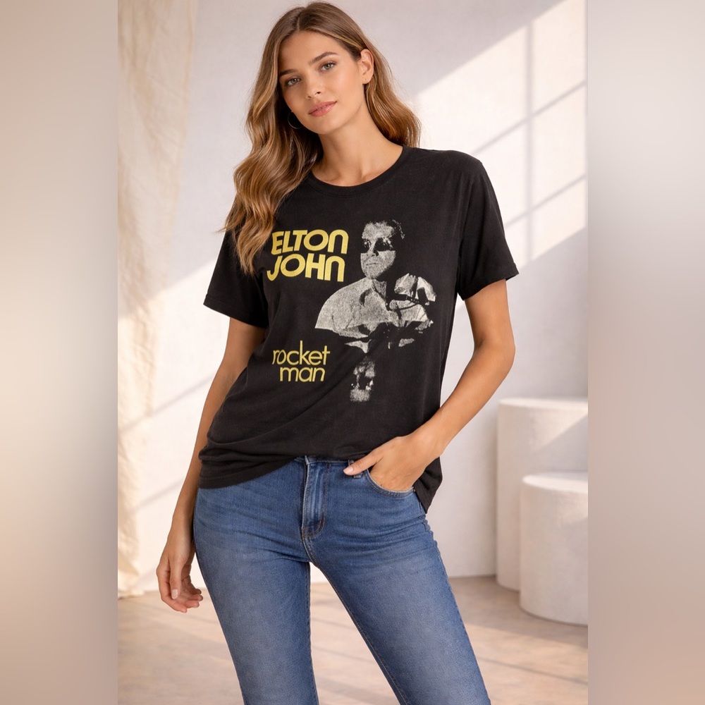 Elton John Rocket Man Black Graphic T-Shirt Official Tour Merchandise Music Icon